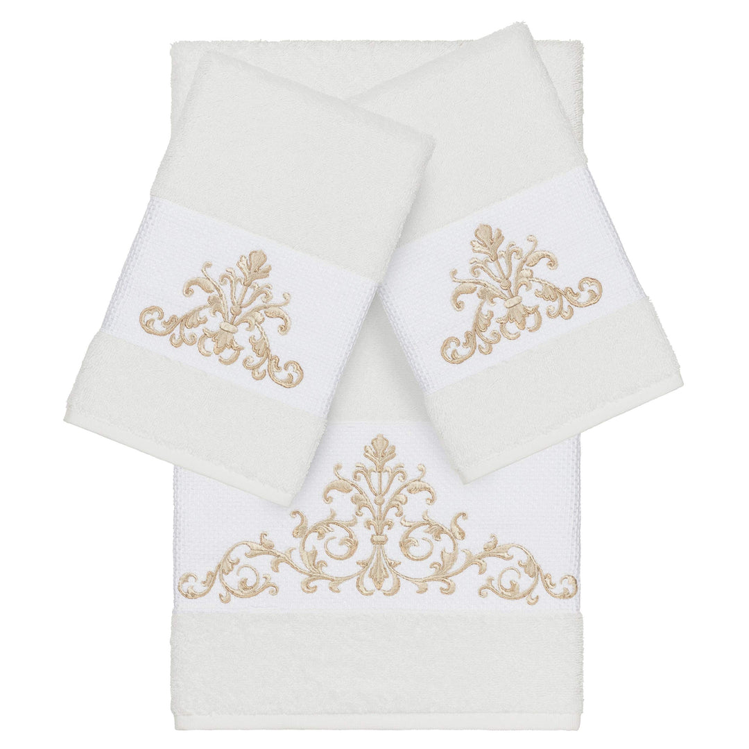 Authentic Hotel and Spa White Turkish Cotton Scrollwork Embroidered 3 Piece