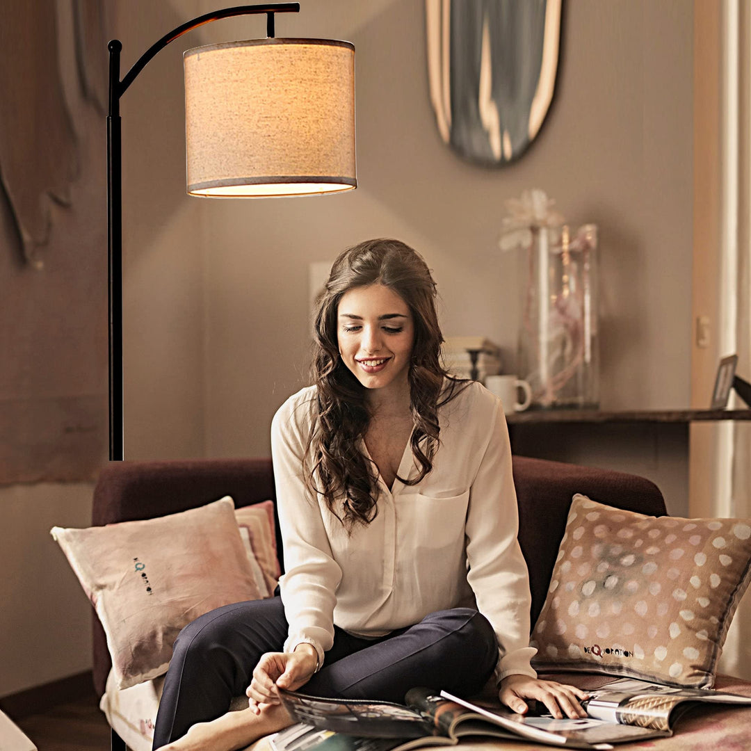 62" Arched Floor Lamp Beige Fabric Shade for Living Room Black Mid-Century - Diamond Home USA