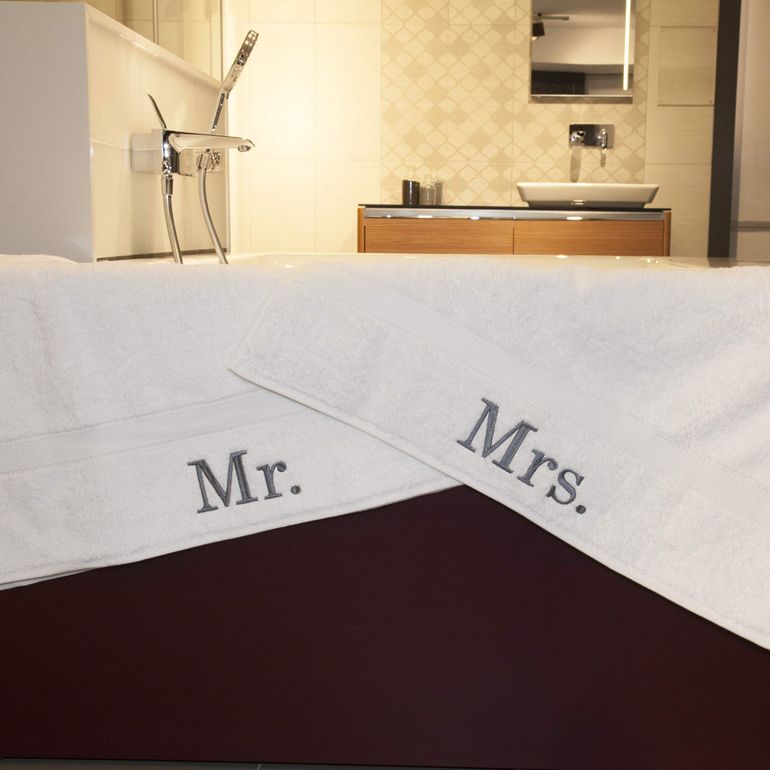 2 Piece White Mr and Mrs Towel Set Husband Wife Towels Plush Heavy Couples - Diamond Home USA
