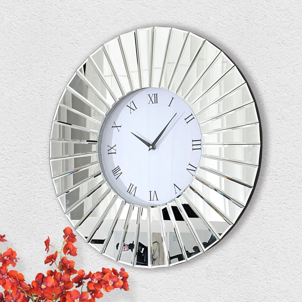 Round Wall Clock 24 Inches Mirrored Large Silver Glam Contemporary Glass Wood - Diamond Home USA
