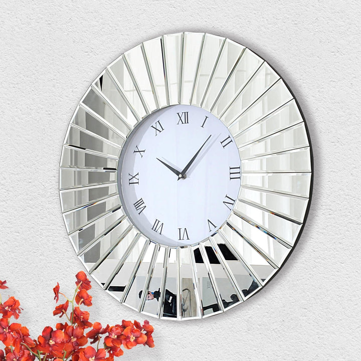 Round Wall Clock 24 Inches Mirrored Large Silver Glam Contemporary Glass Wood - Diamond Home USA