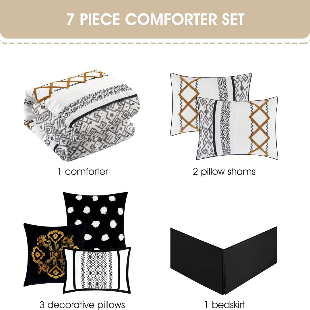 Stratford Park Luxury 7 Piece Cozy Comforter Set Queen Size Black and Gold - Diamond Home USA