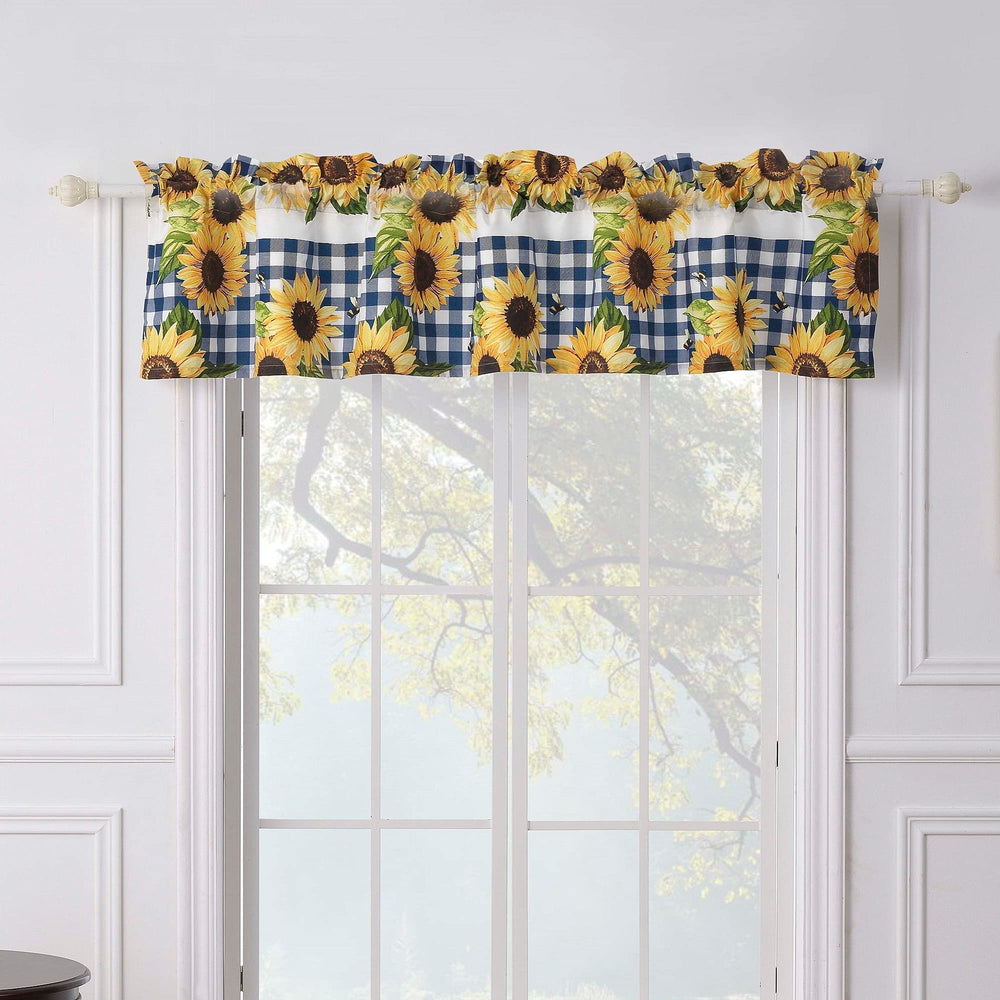 Sunflower Gingham Check Valance Gold Navy White Floral Bohemian Eclectic - Diamond Home USA