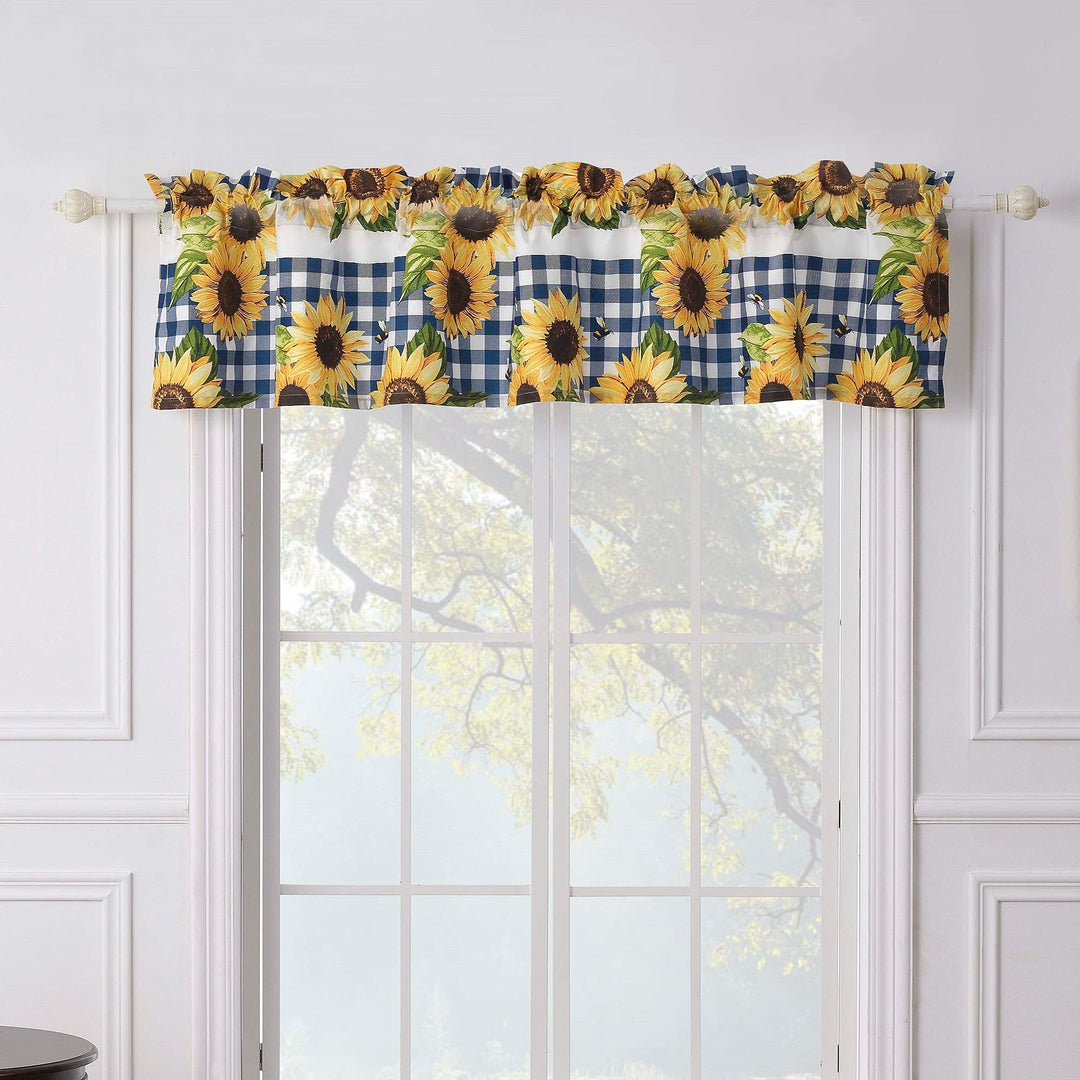 Sunflower Gingham Check Valance Gold Navy White Floral Bohemian Eclectic - Diamond Home USA