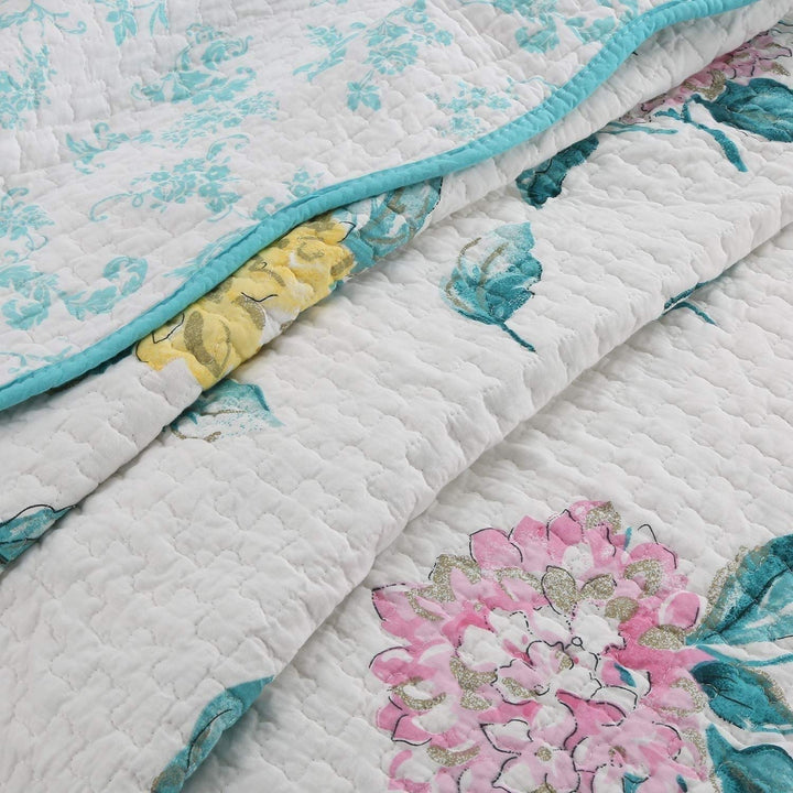 3 Piece White Yellow Flower Theme Quilt Queen Set Teal Pink Floral Pattern - Diamond Home USA