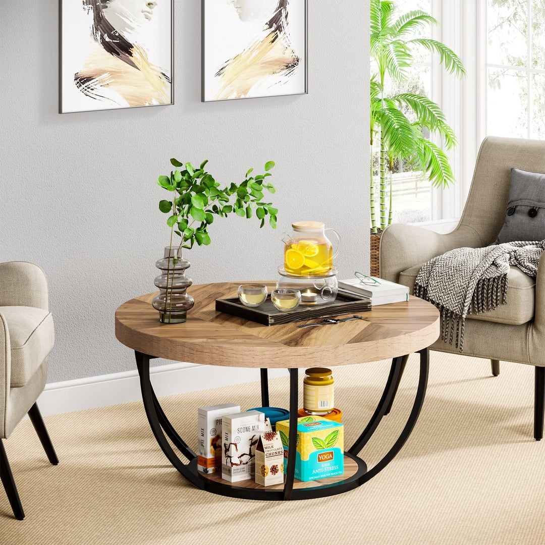 Round Coffee Table Modern 2-Tier Center with Storage Open Shelves Multi Color Oak/Black - Diamond Home USA