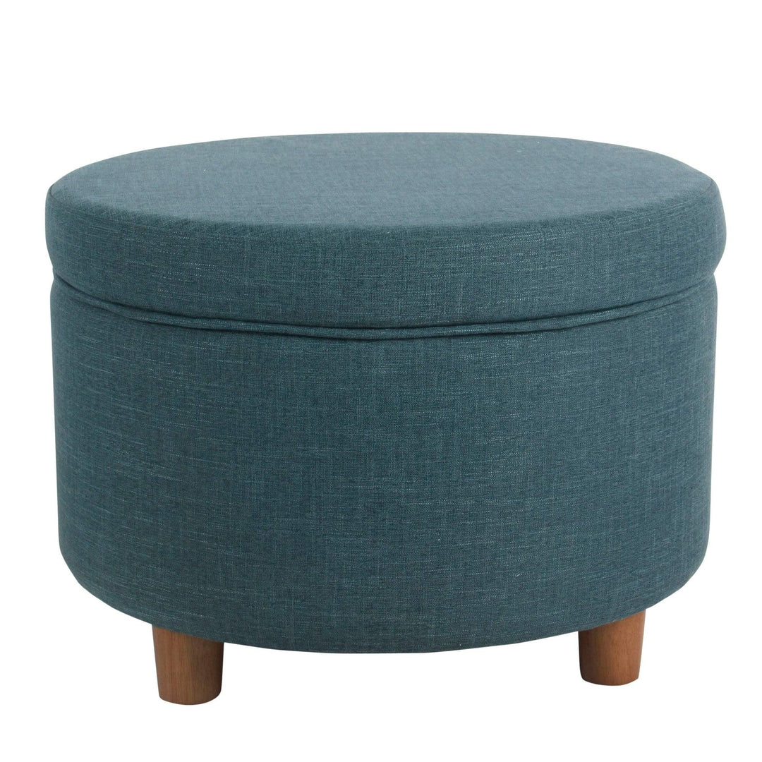 Round Storage Ottoman - Teal Blue Solid Transitional Fabric Foam Wood