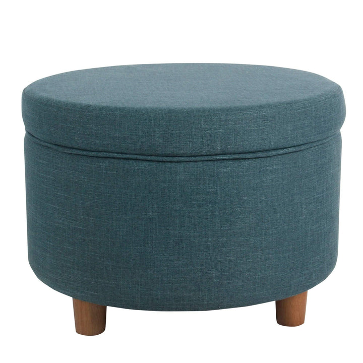 Round Storage Ottoman - Teal Blue Solid Transitional Fabric Foam Wood