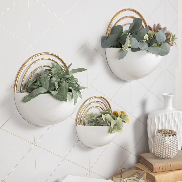 Crescent 3-Piece Metal Wall Planter Set White with Gold Detail Round Iron - Diamond Home USA