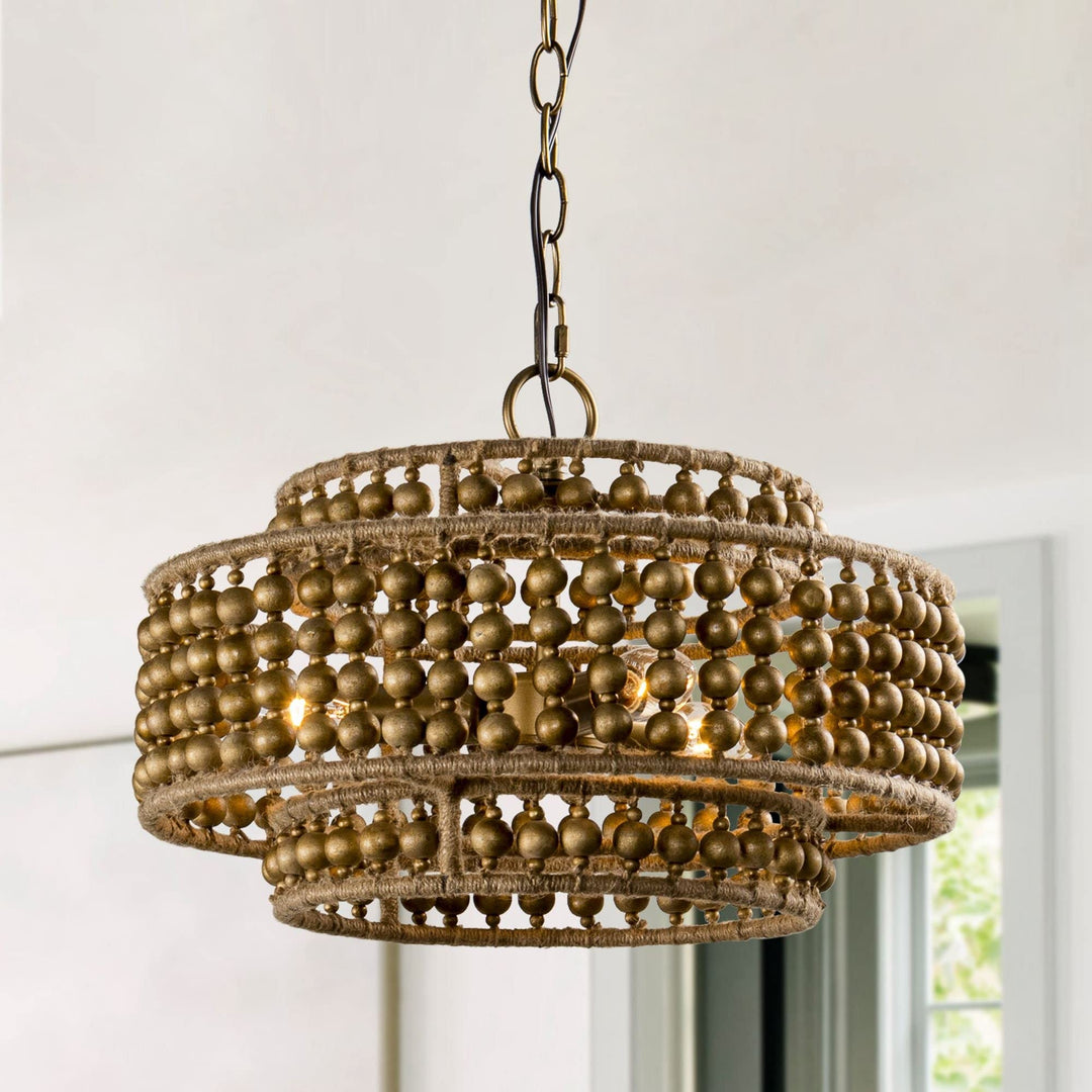Dark Bronze Wood Beaded 3-Light Chandelier Bohemian Eclectic Farmhouse