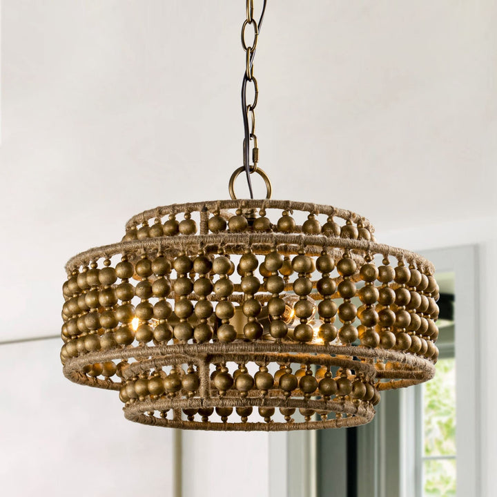 Dark Bronze Wood Beaded 3-Light Chandelier Bohemian Eclectic Farmhouse
