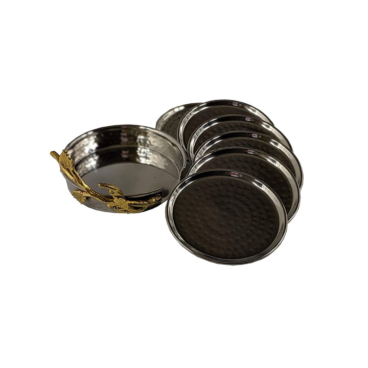 Hammered 7 Pcs Coaster Set 4" Diameter Gold Silver Metal Stainless Steel - Diamond Home USA