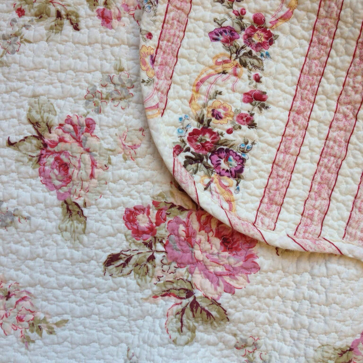 Chic Shabby Spring Rose Quilted Throw Pink Floral Farmhouse Victorian Cotton - Diamond Home USA