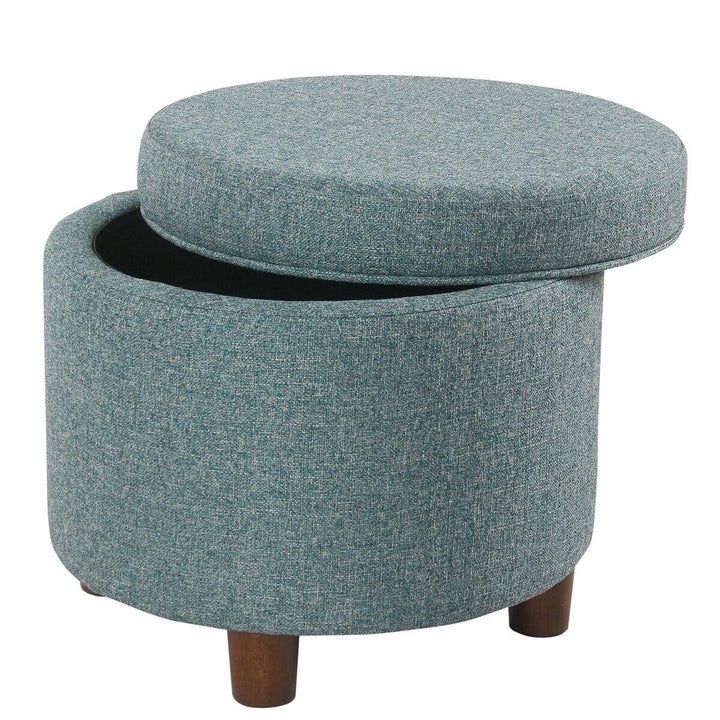 Teal Tweed Round Storage Ottoman Blue Solid Mid-Century Modern Fabric - Diamond Home USA