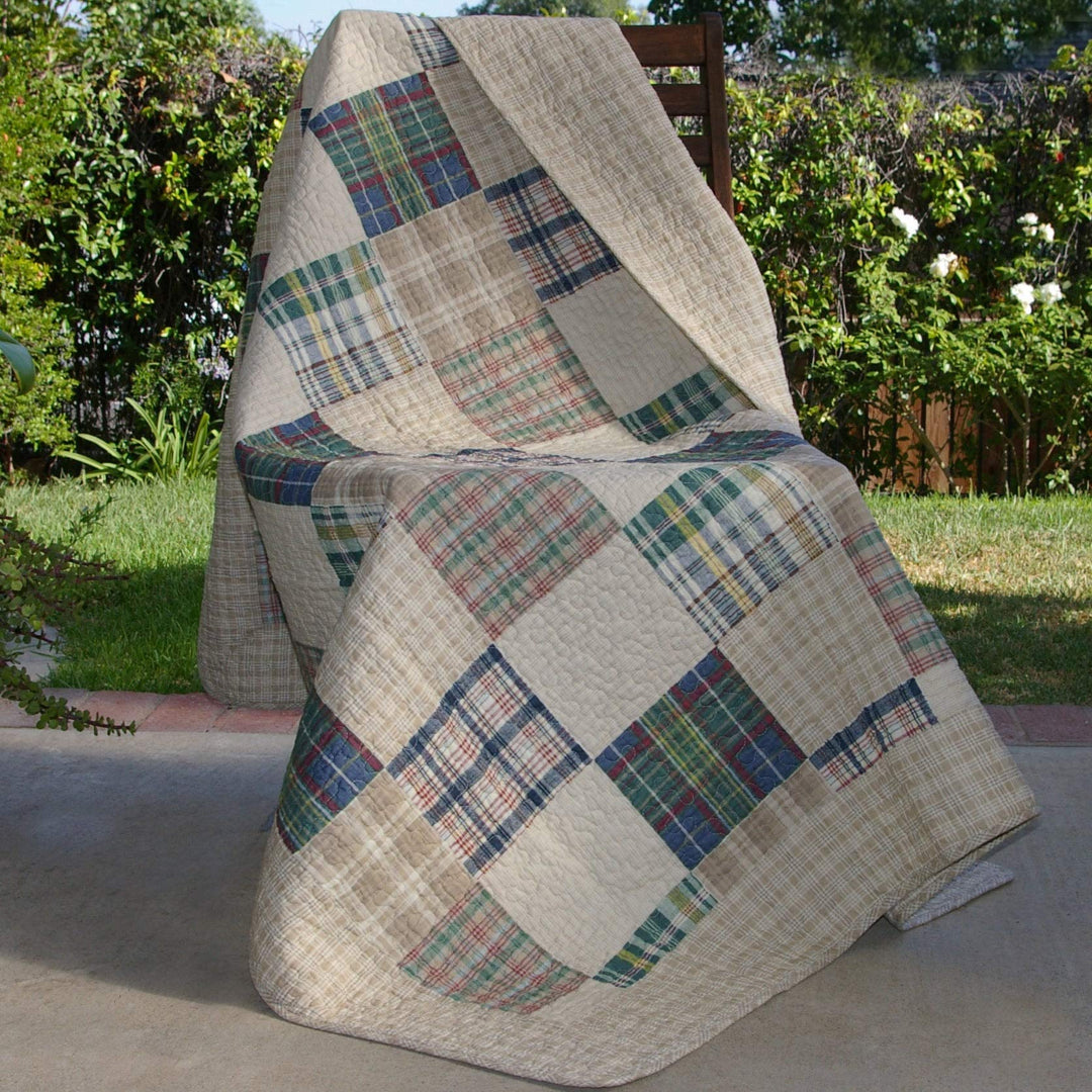 Quilted Throw Brown Green Cream Solid Color Shabby Chic Victorian Cotton - Diamond Home USA