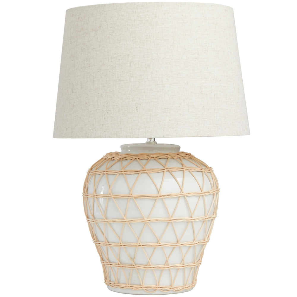White Ceramic Woven Rattan Geometric Table Lamp with Linen Shade - Diamond Home USA