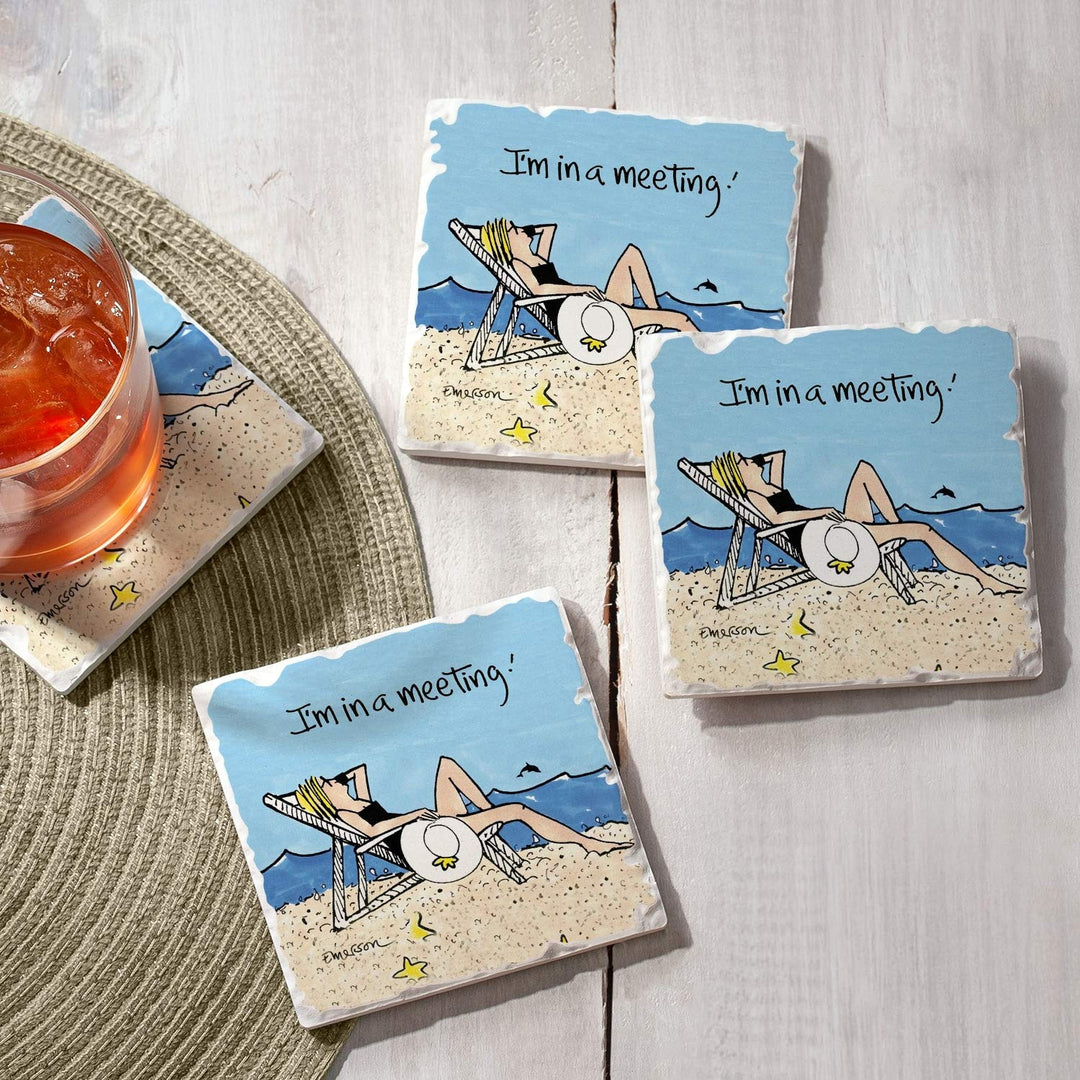 Stone Coasters I'm in A Meeting Set of 4 Sandstone - Diamond Home USA