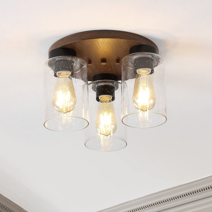 13" 3-light Bohemian Farmhouse Iron/seeded Glass Led Semi Flush Mount Wood