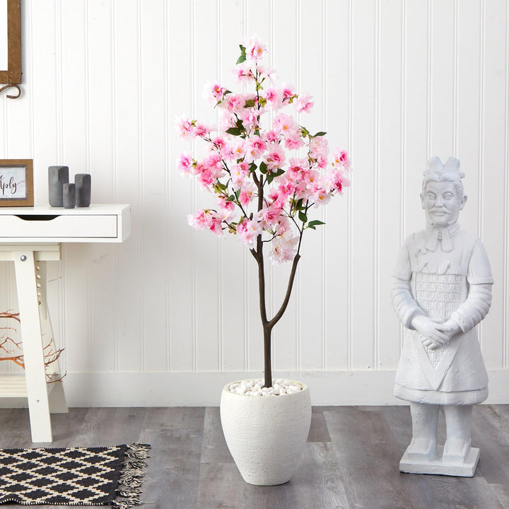 4.5' Cherry Blossom Artificial Tree in White Planter 13" - Diamond Home USA