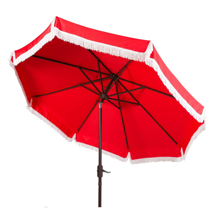 Fringe 9 Ft Crank Red/White Outdoor Umbrella Red Classic Aluminum Wood - Diamond Home USA