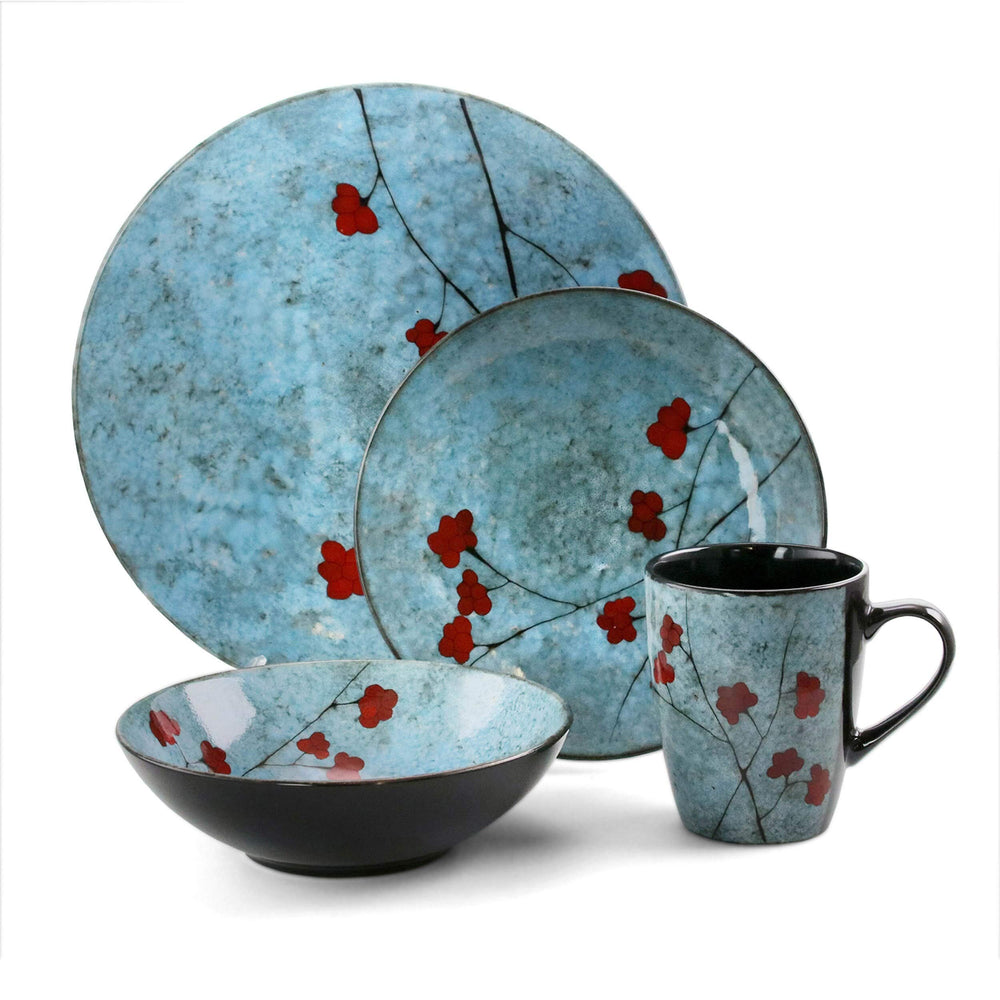 Midnight Blossom 16 Piece Stoneware Dinnerware Set in Blue Floral Casual Round - Diamond Home USA