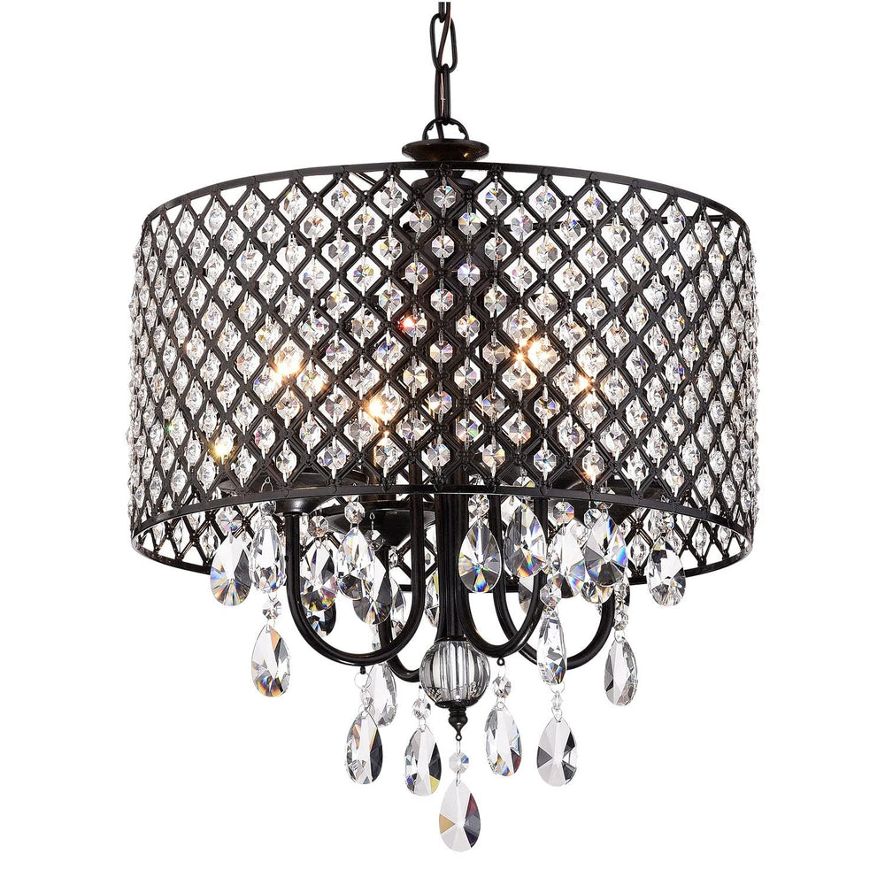 Black 4-Light Round Beaded Drum Chandelier with Crystals Hanging Glam Modern - Diamond Home USA