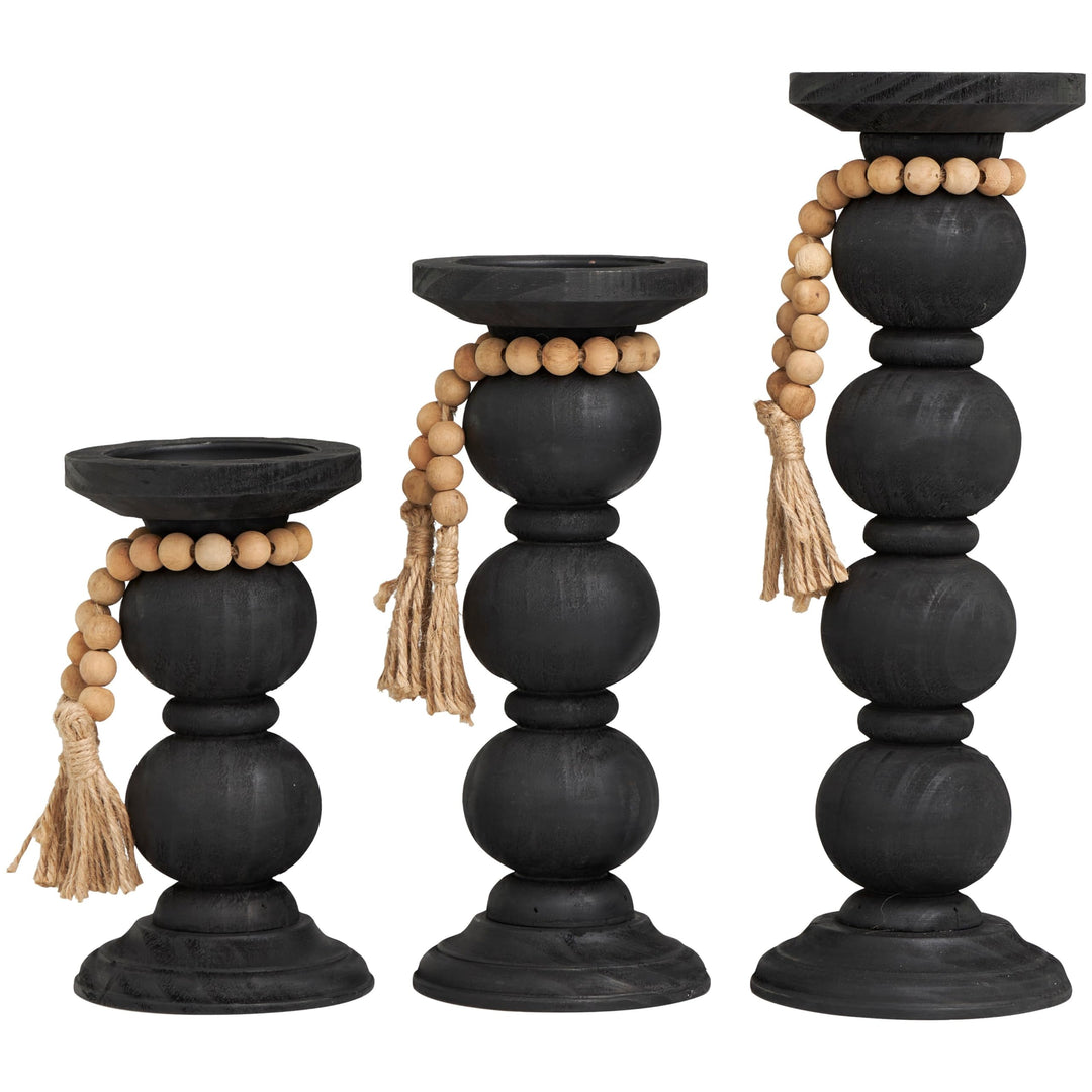 Black Wood Handmade Bubble Inspired Matte Candle Holder with Beaded Garland - Diamond Home USA