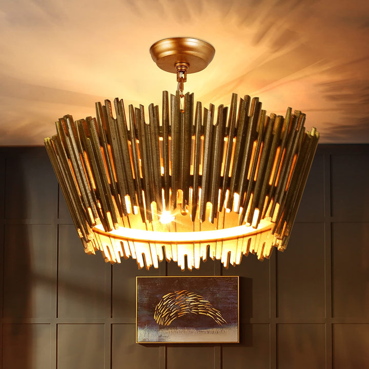 Mid-century Modern Farmhouse Gold Chandelier Wood Handmade Drum Lights for - Diamond Home USA