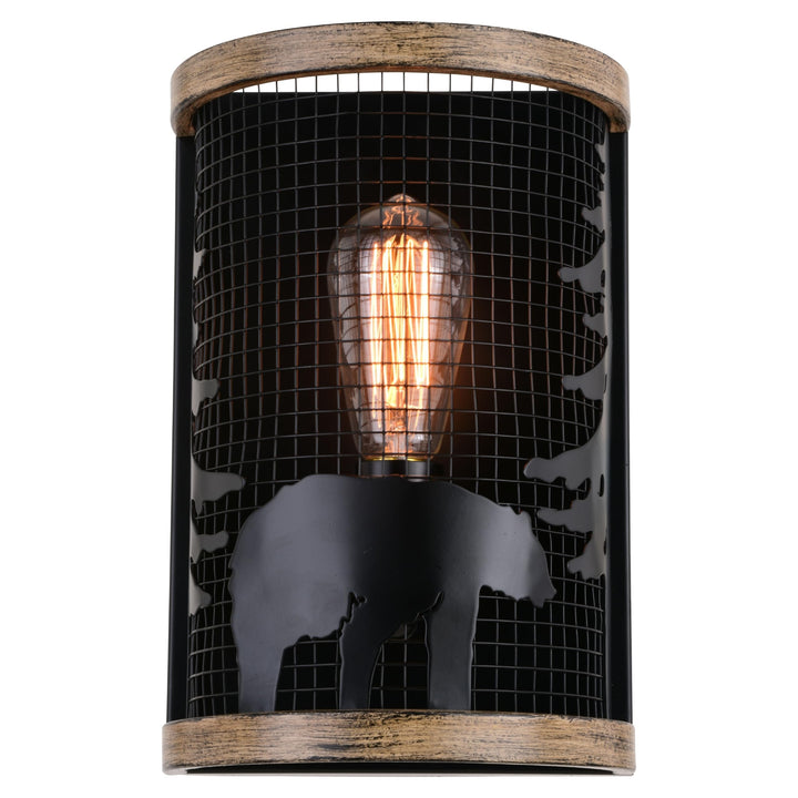 1 Light Black Cage Rustic Wall Sconce Bear and Tree Motif 8-in. W X 12-in. H - Diamond Home USA
