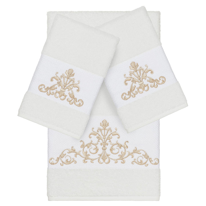 Authentic Hotel and Spa White Turkish Cotton Scrollwork Embroidered 3 Piece - Diamond Home USA