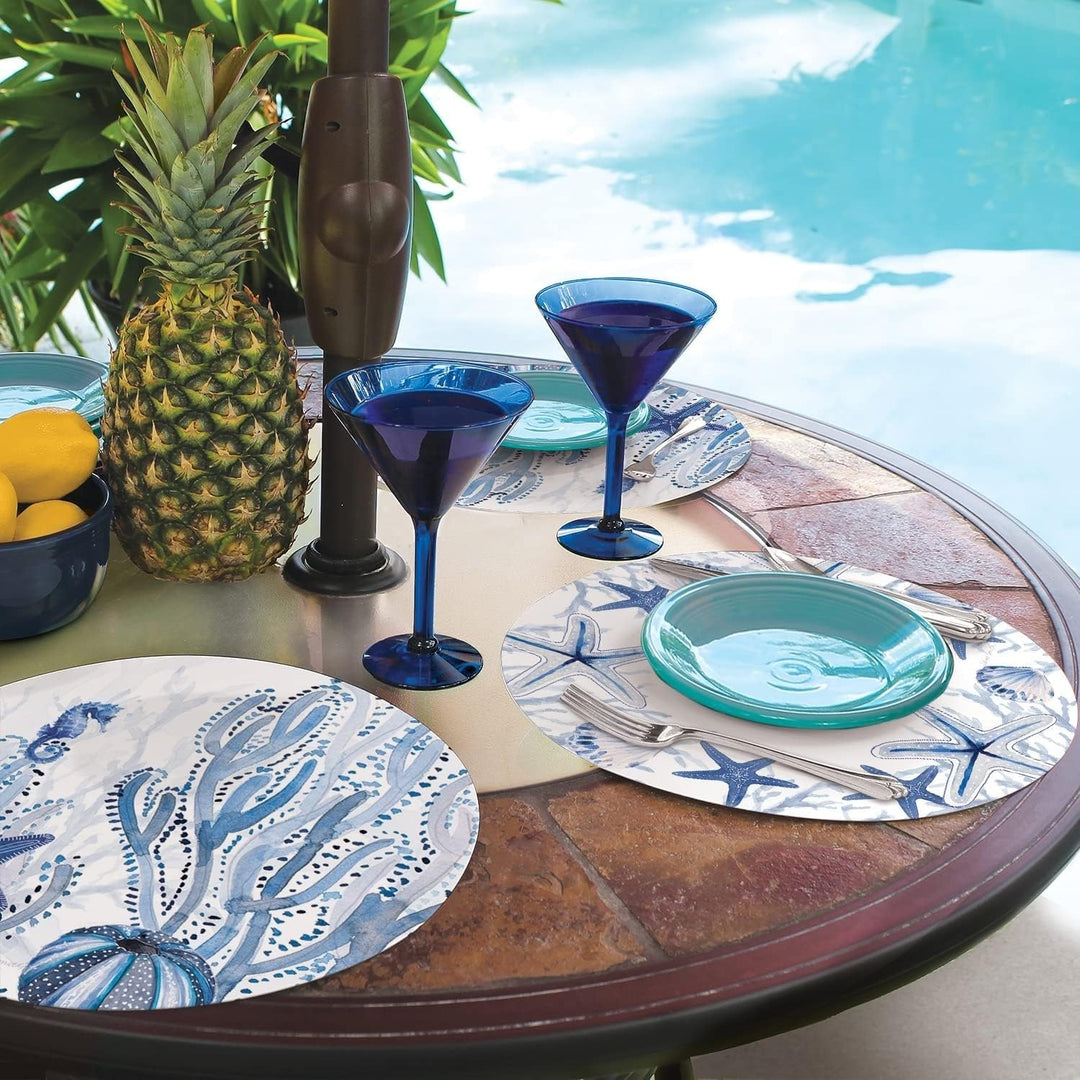Wipe-Clean Reversible Round Shaped Placemats Indigo Coastal Set of 4 Made in The - Diamond Home USA