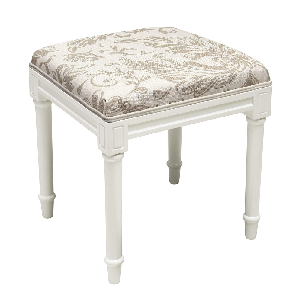 Taupe Tuscan Floral Vanity Stool with White Frame Transitional Pattern Linen - Diamond Home USA