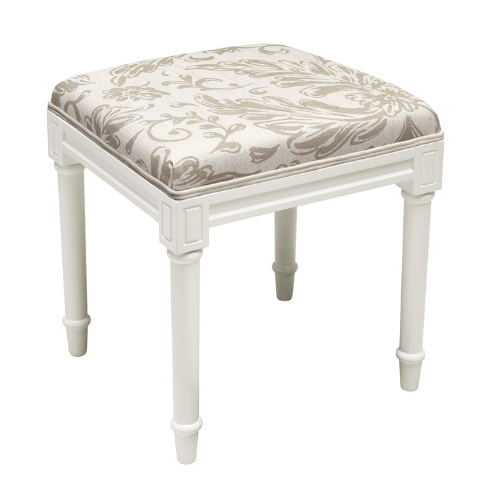 Taupe Tuscan Floral Vanity Stool with White Frame Transitional Pattern Linen - Diamond Home USA