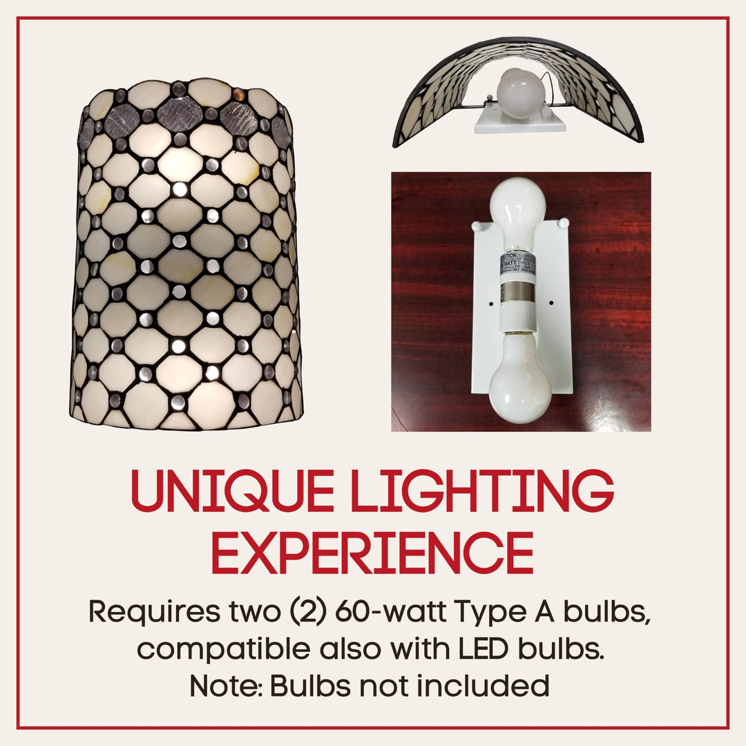 Tiffany Style Wall Lamp White Jeweled 2 Light Stained Glass Vintage Antique - Diamond Home USA