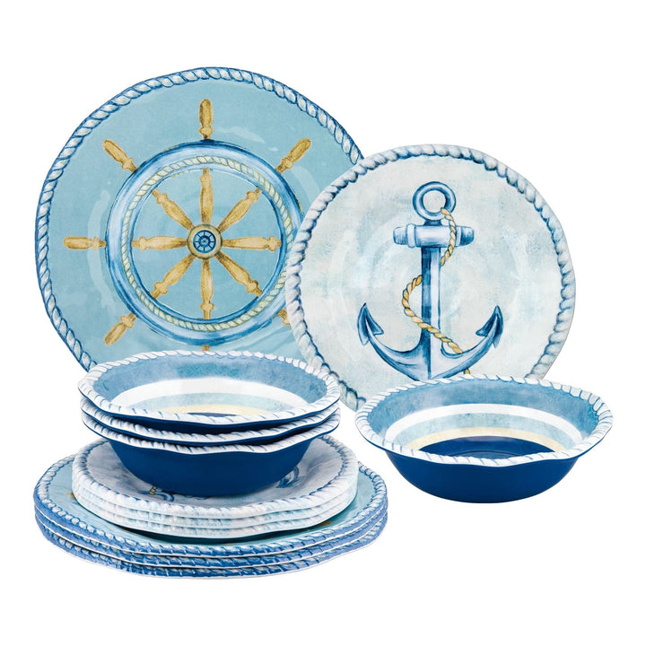 12-piece Sail Away Dinnerware Set Blue Coastal Casual Round 12 Piece