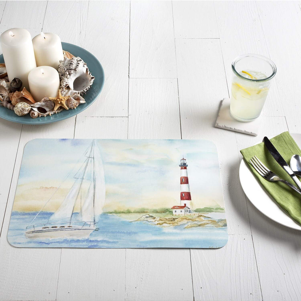 Reversible Wipe-Clean Placemats Set of 4 Lighthouse Scene Multi Color - Diamond Home USA