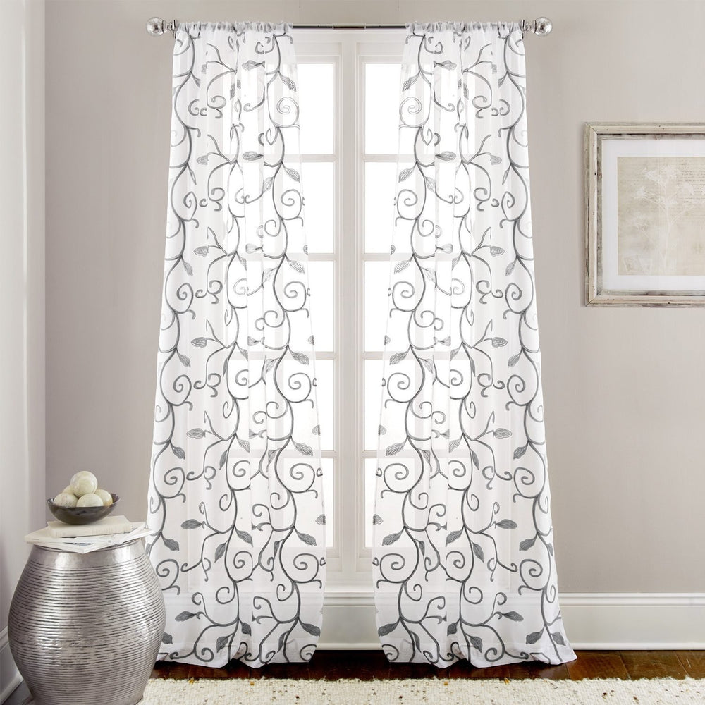 D&H 2 Piece Grey White Leaf wirl Design Floral Graphic Pattern Window Curtain - Diamond Home USA