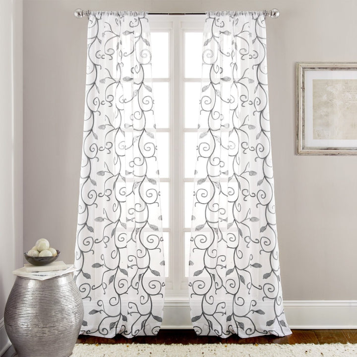 D&H 2 Piece Grey White Leaf wirl Design Floral Graphic Pattern Window Curtain - Diamond Home USA