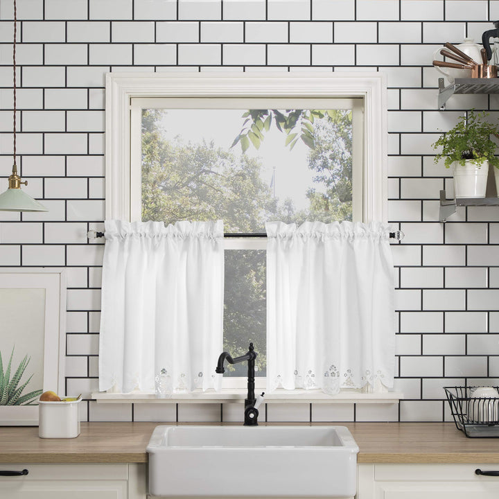 No. 918 Mariela Floral Trim Semi-Sheer Rod Pocket Kitchen Curtain Valance and - Diamond Home USA