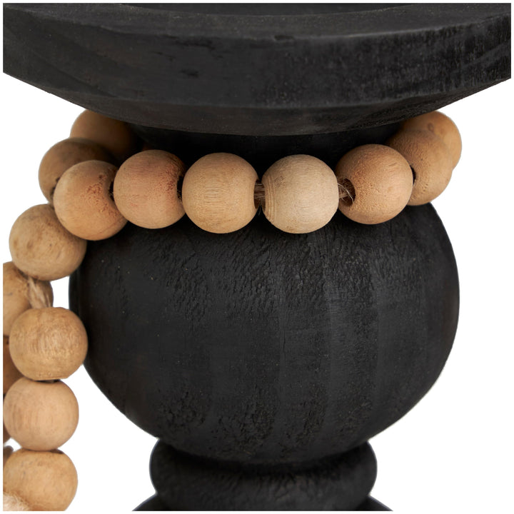 Black Wood Handmade Bubble Inspired Matte Candle Holder with Beaded Garland - Diamond Home USA