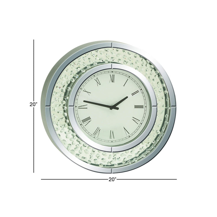 Jeweled Glass Mirror Wall Clock Clear Silver White Glam Round Battery - Diamond Home USA
