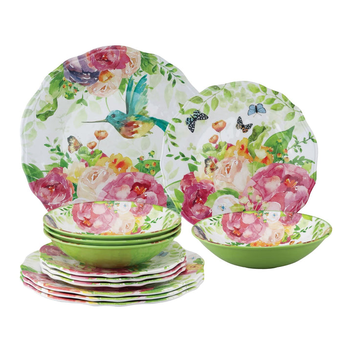 12-piece Rose Garden Dinnerware Set Red Floral Casual Round 12 Piece