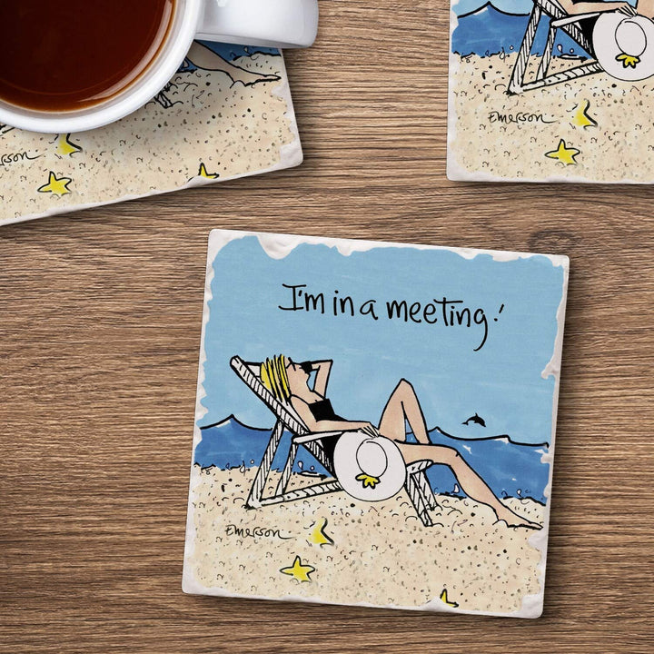 Stone Coasters I'm in A Meeting Set of 4 Sandstone - Diamond Home USA