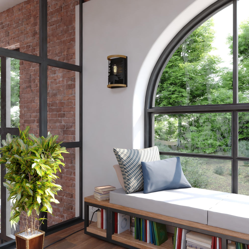 1 Light Black Cage Rustic Wall Sconce Bear and Tree Motif 8-in. W X 12-in. H - Diamond Home USA