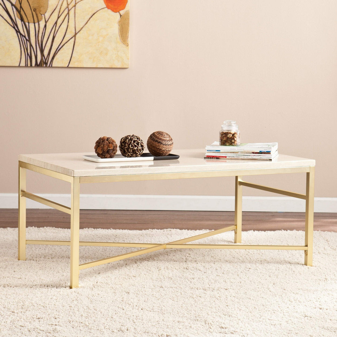 Stone Coffee/Cocktail Table - 42" X 18" Beige Gold Glam Rectangle Iron MDF