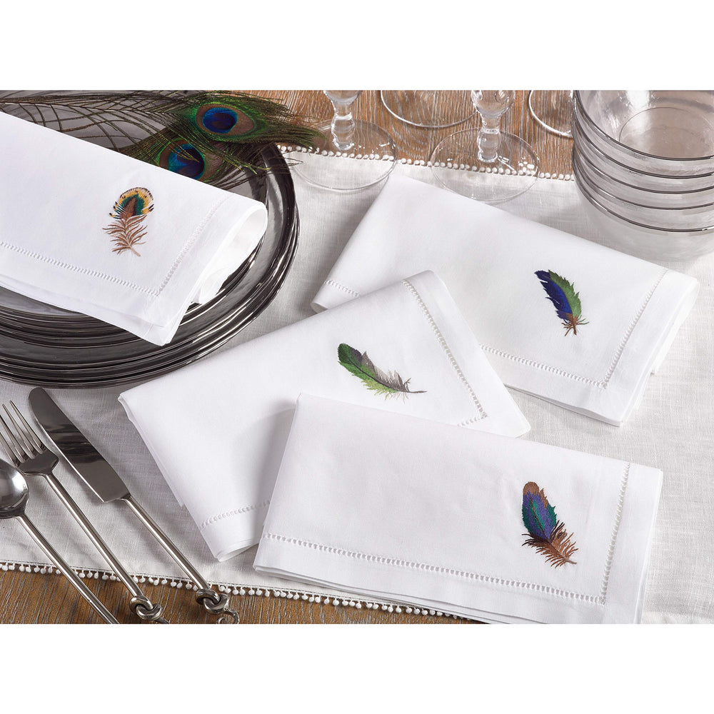 Embroidered Multicolor Feather Hemstitched Cotton Napkin (Set of 6) White - Diamond Home USA