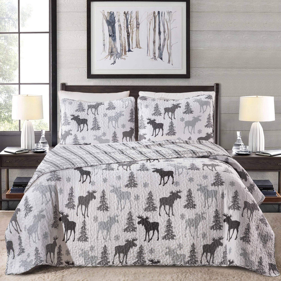 3-Piece Outdoors Pine Trees Print Moose Quilt Set Full/Queen Size - Diamond Home USA