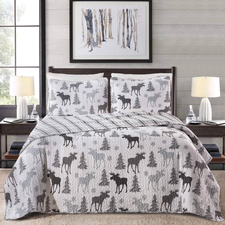 3-Piece Outdoors Pine Trees Print Moose Quilt Set Full/Queen Size - Diamond Home USA