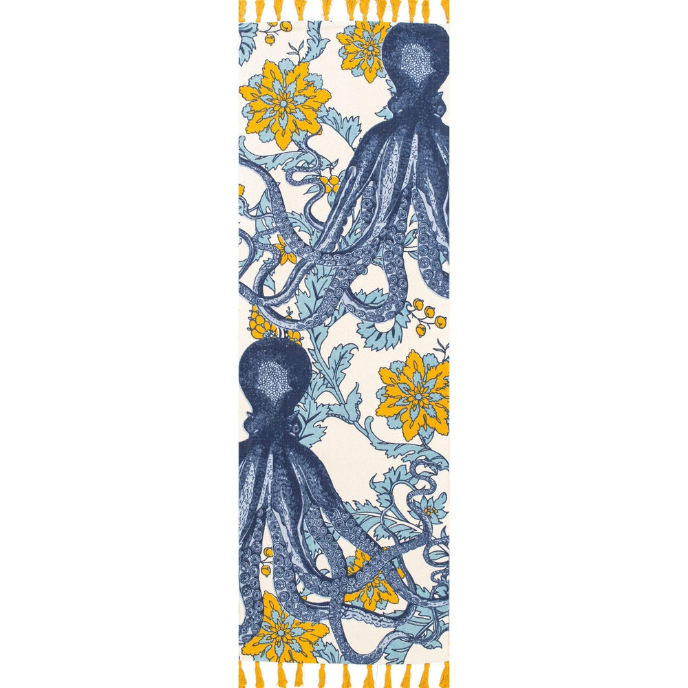 Handmade Cotton Printed Octopus Runner Rug - 2' 8" X 12' Blue Abstract Animal - Diamond Home USA