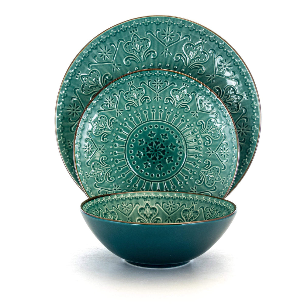 Deep Ocean Mandala 16 Pc Round Stoneware Dinnerware Set in Green Blue Textured - Diamond Home USA